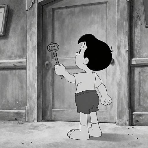 Black-and-white cartoon of a young boy with short black hair, white shirt, and dark shorts, holding a heart-shaped key, standing in front of