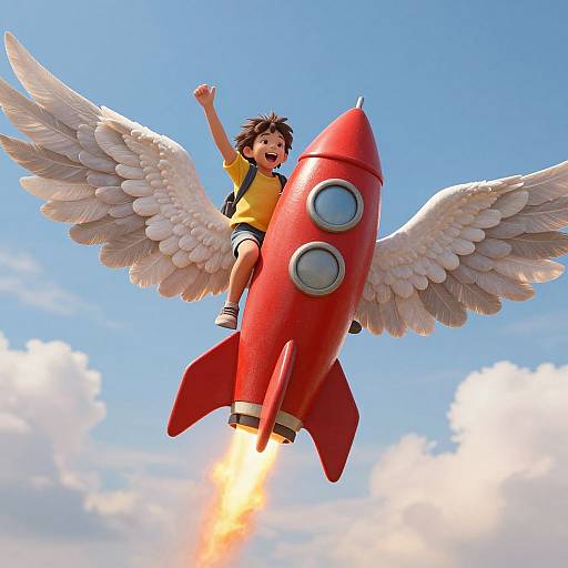 Photorealistic CGI of a joyful, winged boy in yellow shirt, black shorts, and white sneakers, riding a red rocket with flames, soaring