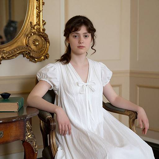 Photograph of a young woman with fair skin and dark brown hair in a white, V-neck dress, seated in an ornate wooden chair, in