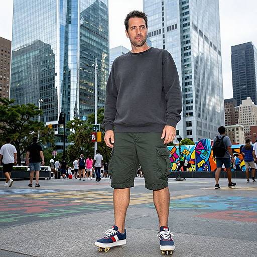 Photograph of a bearded man with short dark hair, wearing a black sweater, green cargo shorts, and blue sneakers, standing on a city plaza