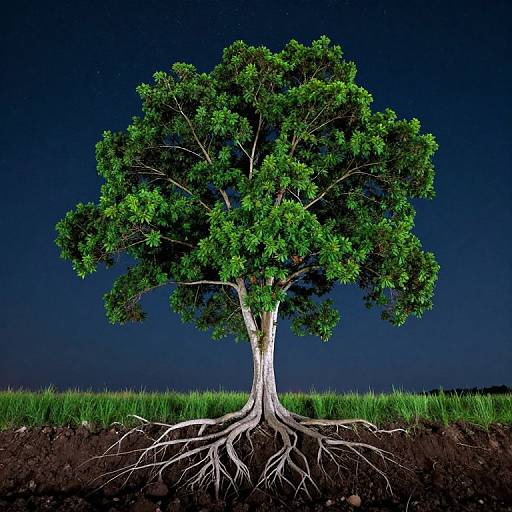 Photograph of a vibrant green tree with exposed white roots against a dark blue night sky and green grassy field.