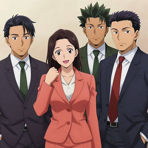 Digital anime-style drawing of four people: a smiling woman in a pink suit standing between three serious men in black suits.