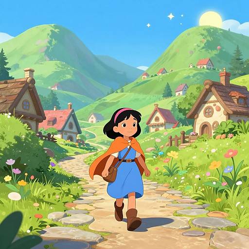 Cartoon-style girl in orange cape and blue dress walks on a stone path through a vibrant, sunny, mountain village with colorful flowers and quaint houses.