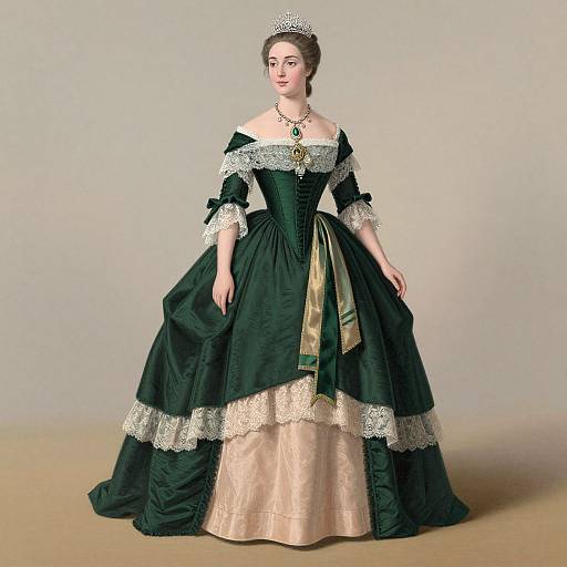 Photograph of a regal woman in an elaborate Victorian-style black and gold gown with white lace trim, jeweled necklace, and silver tiara,