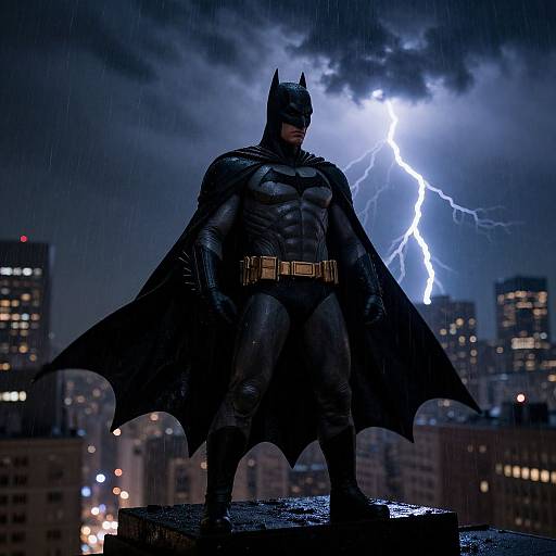 Heroic Batman Over Stormy Cityscape