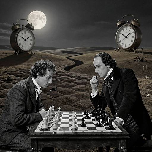 Photograph of two men in black suits, playing chess under a full moon, with two vintage alarm clocks in a dark, grassy field.