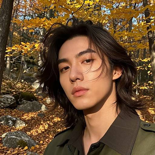 Photograph of an Asian man with medium-length black hair, wearing a green jacket with a black collar, standing in a sunlit autumn forest with yellow