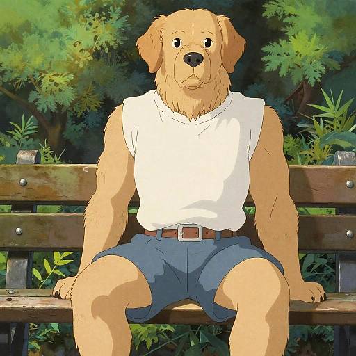 Digital illustration of a muscular, anthropomorphic golden retriever sitting on a wooden bench in a lush, green park. Wearing a white sleeveless shirt