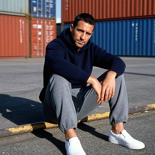 Photograph of a young man with short dark hair, wearing a black hoodie, gray pants, and white sneakers, squatting by a yellow curb in