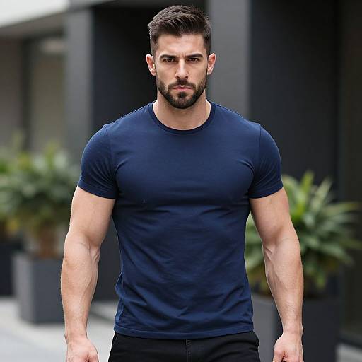 Photograph of a muscular, bearded man with short brown hair, wearing a tight navy blue t-shirt and black pants, standing outdoors with blurred green