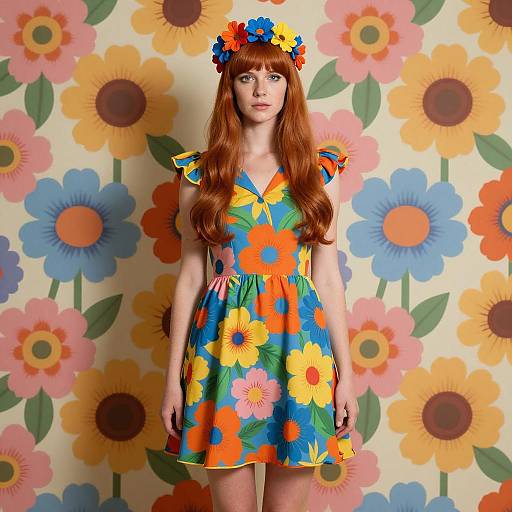Retro Floral Dress Woman with Flower Headband