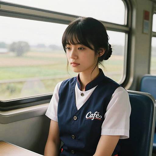 Photograph of an Asian woman with black hair in a bun, wearing a navy blue and white café uniform, seated in a train with a blurred countryside