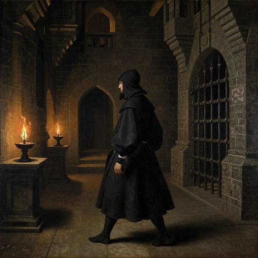Photograph of a hooded figure in a dark, medieval stone corridor with arches, lit by two burning torches on wooden stands.