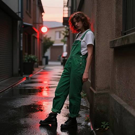 Cinematic Dawn: A Girl in Green Overalls