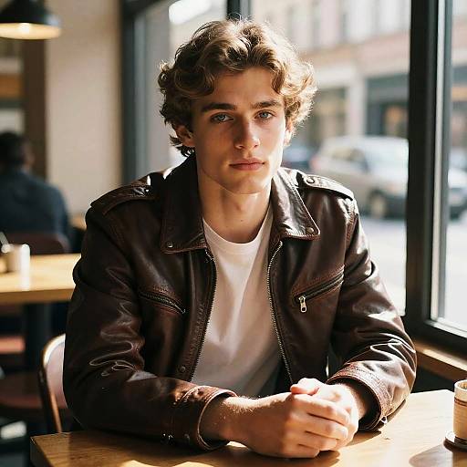 Handsome Young Man in Sunlit Café