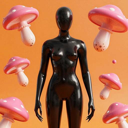 Glossy Faceless Figure with Mushrooms