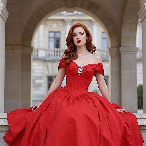 Photograph of a fair-skinned woman with long red hair, wearing an off-shoulder, vibrant red ball gown with a full skirt, sitting
