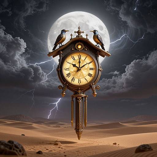 Photograph-style digital art: Vintage clock with two black birds on top, glowing yellow face, stands in desert under full moon and lightning, surrounded by