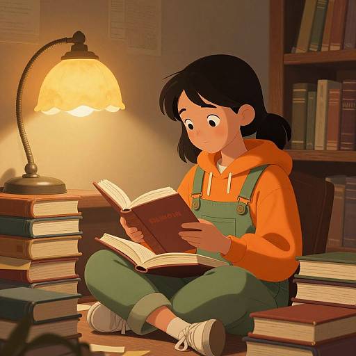 Digital illustration of a young girl with black hair, orange hoodie, green overalls, and white shoes, reading a book under a warm lamp in a