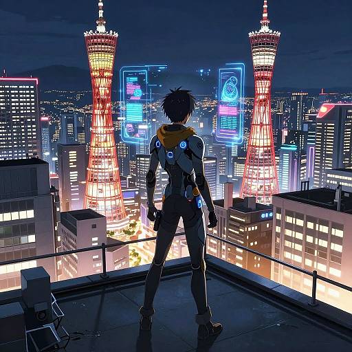 Digital anime-style artwork of a cybernetic figure with a yellow scarf, standing on a rooftop, gazing at neon-lit Tokyo skyline with two