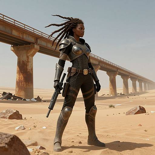 CGI image of a Black woman with dreadlocks in black armored attire, holding a gun, standing in a desert with a long, rusty bridge overhead