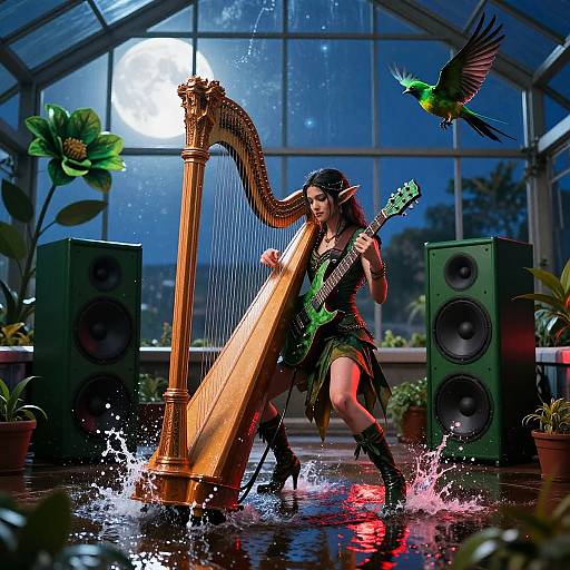 Elven Guitarist in Moonlit Greenhouse