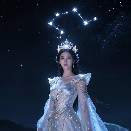 Photograph of an ethereal Asian woman in a glowing, star-embellished gown and crown, standing against a dark starry night sky,