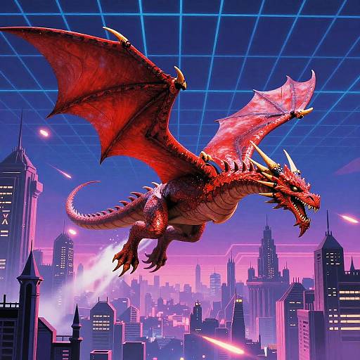 Digital illustration of a red, winged dragon soaring over a neon-lit, futuristic cityscape with skyscrapers and laser beams.