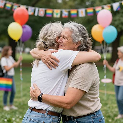 Photograph of an elderly couple embracing outdoors, surrounded by colorful balloons and pride flags, with other people in the background.
