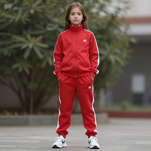 Photograph of a young girl with long brown hair, wearing a red Adidas tracksuit and white sneakers, standing outdoors with green foliage in the blurred background