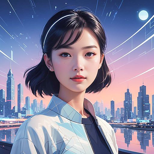 Serene Asian Girl in Futuristic Skyline Serene Asian Girl in Futuristic Skyline