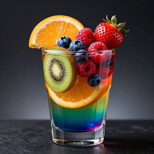 Photograph of a vibrant glass cocktail with rainbow gradient, kiwi slice, orange slice, blueberries, raspberries, strawberries, and lemon slice.