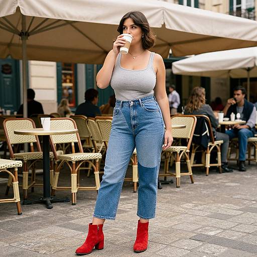 Photograph of a curvy woman with medium skin tone, dark wavy hair, wearing a white tank top, high-waisted blue jeans,