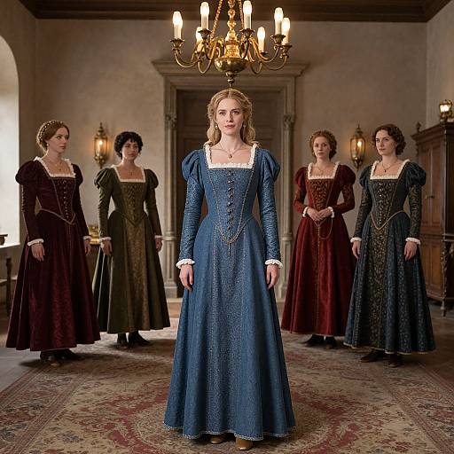 Photograph of five women in Victorian-style dresses, standing in a grand, dimly-lit room with an ornate chandelier and patterned rug