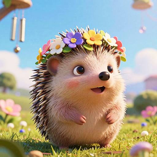 Cute, CGI hedgehog with a colorful flower crown stands in a sunny, blooming garden, looking cheerful with small paws up. Bright blue