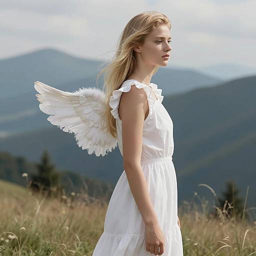 Young Woman with Angel Wings in Mountain Landscape