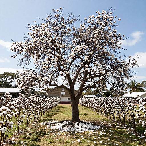 Photograph of a blooming cotton tree in a field, surrounded by cotton plants, with a wooden house and clear blue sky in the background.