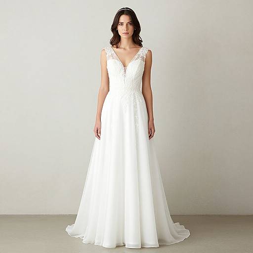 Photograph of a brunette woman in a sleeveless, white, lace-trimmed wedding dress with a deep V-neck, standing against a plain white