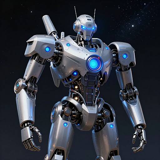 CGI image of a silver, glowing blue robotic warrior standing in a starry night sky, with blue lights illuminating its joints and chest.