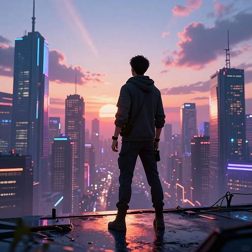 Resilient Figure Overlooking Futuristic Cityscape at Dawn