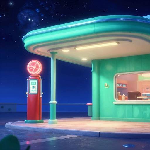 Photograph of a neon-lit, retro-futuristic gas station at night, featuring a red pump with a glowing clock, a teal canopy,