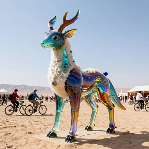 Photograph of a colorful, metallic, reindeer-like sculpture with glowing blue, green, and purple accents, standing in a sunny desert festival with cyclists