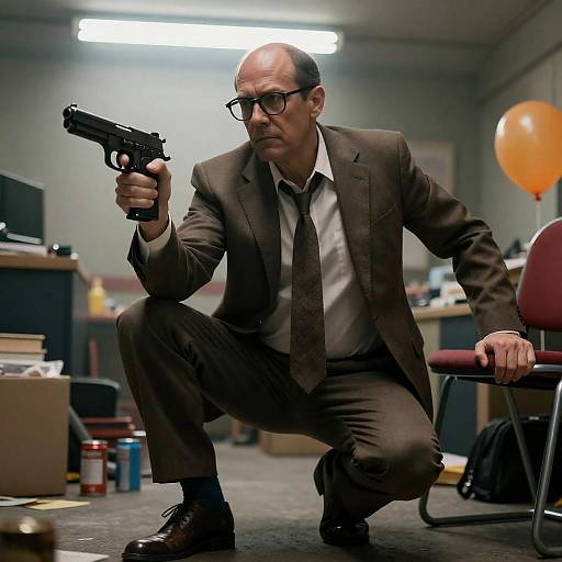 Intense Man in Cluttered Room Scene