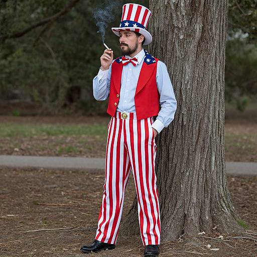 Man in Classic Uncle Sam Costume Smoking Outdoors