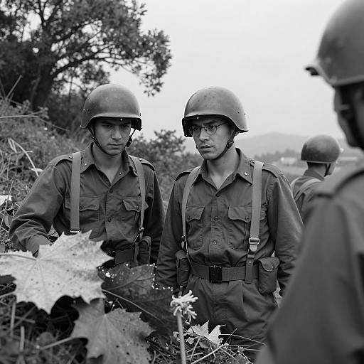 Black and White Photo of Soldiers on Hillside