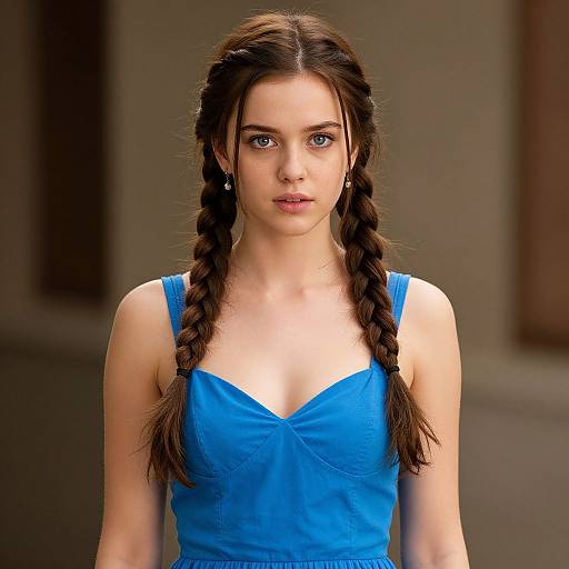 Photorealistic CGI of a young woman with blue eyes, fair skin, and brown braided hair, wearing a bright blue tank top, standing against
