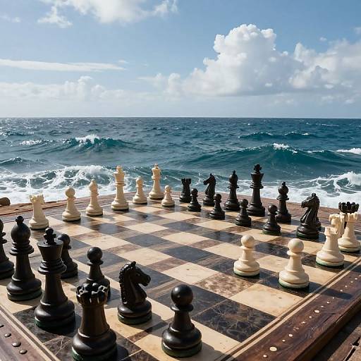 Photograph of a black-and-white chessboard on a wooden table by a sunny ocean with waves, under a partly cloudy sky.