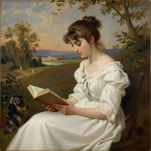 A romantic painting of a fair-skinned woman in a white, lace-trimmed dress reading a book outdoors, with a sunset sky and trees in