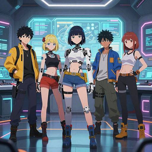 Anime-style digital artwork of four cyberpunk characters standing in a neon-lit control room, each with unique futuristic outfits and cybernetic enhancements.
