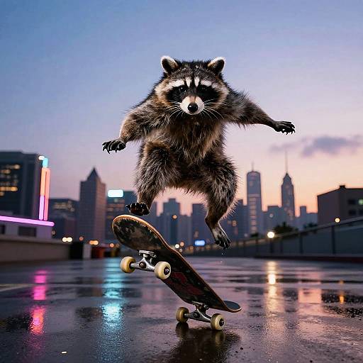 Photograph of a realistic, cartoonish raccoon mid-air on a skateboard, against a twilight urban skyline with neon lights and reflective wet pavement.